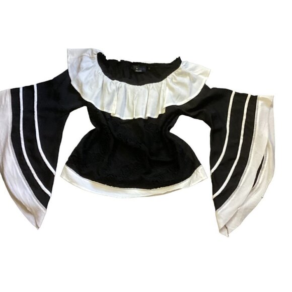 P Luca Milano L Black & White Ruffle Neck Embroidered Lace Front Top 108J - Picture 5 of 9